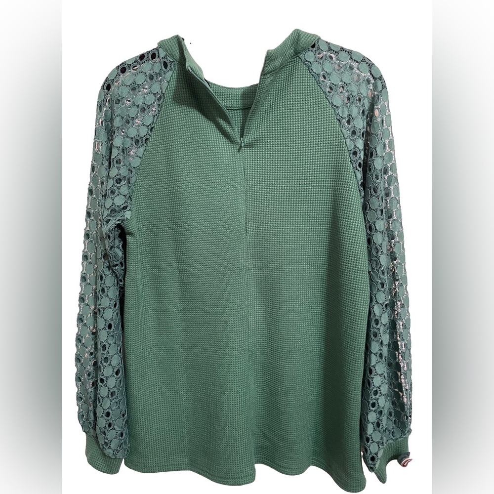 Iwollence Emereld Green Long Sleeve Waffle Blouse Lace Sleeves NWT! Small - Picture 5 of 9